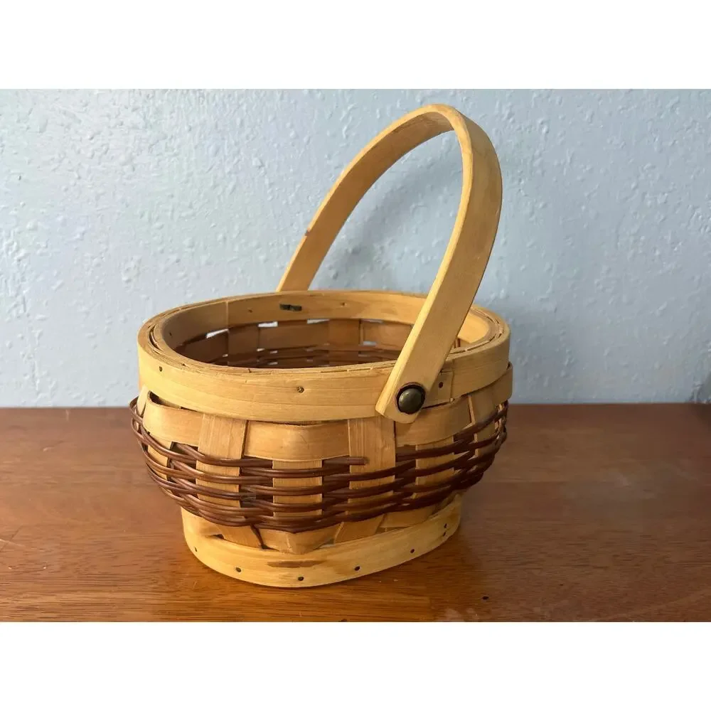 VTG Woven Wood Splint Basket Round Swing Handle Rustic Farmhouse Primitive